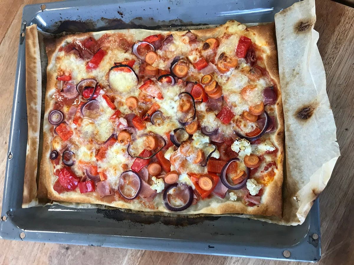 Before: Veggie sheet-pan pizza, original phone photo