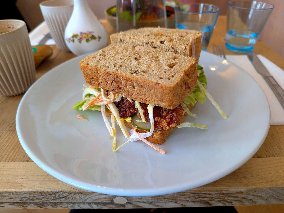 After: Fried chicken sandwich on wheat, Color Pop look