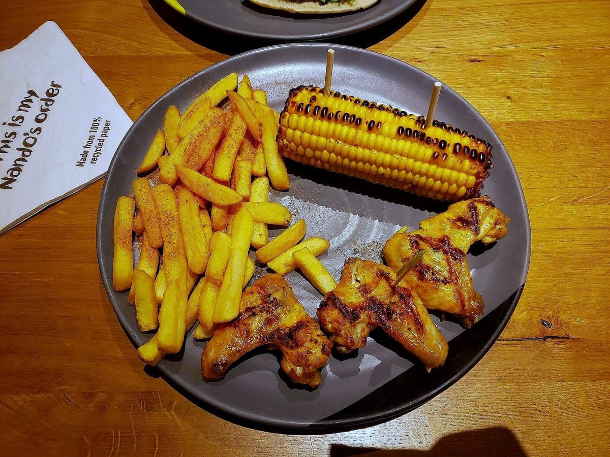 After: Wings, fries & corn on the cob, Top-Down look